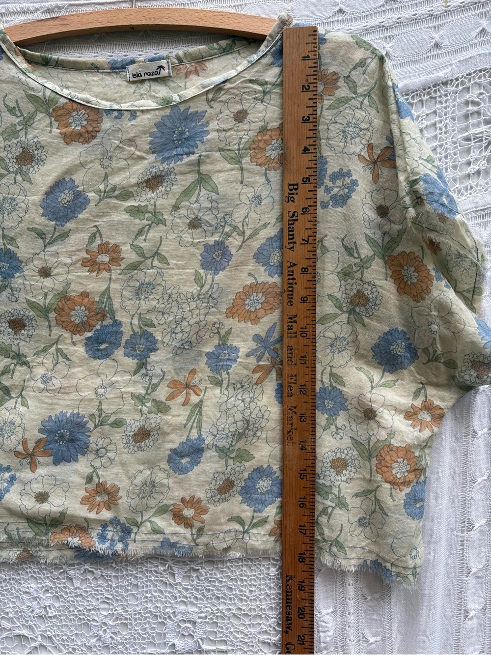 Vintage-Inspired Floral Crop Top in Blue & Tan Linen Blend Sheer XL - Picture 6 of 11